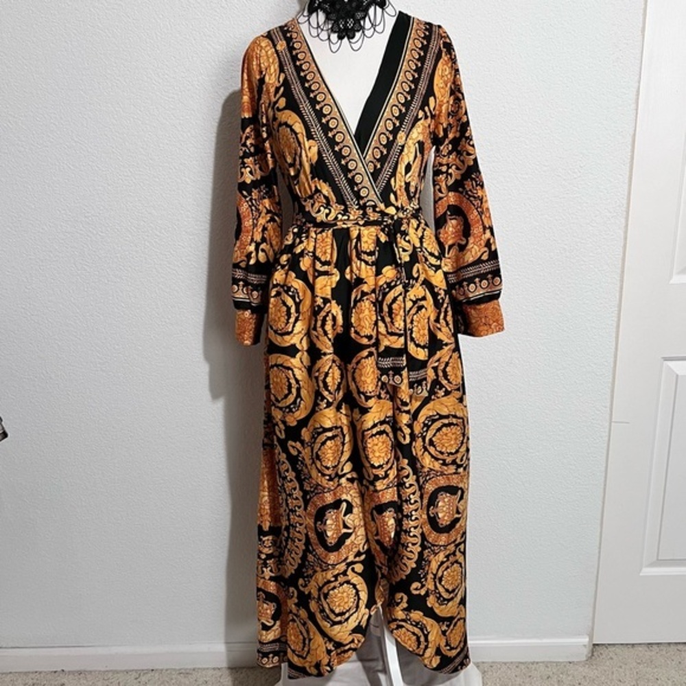 Tribal Boho Black & Gold Silk Lingerie Kimono Belted Robe Loungewear Large